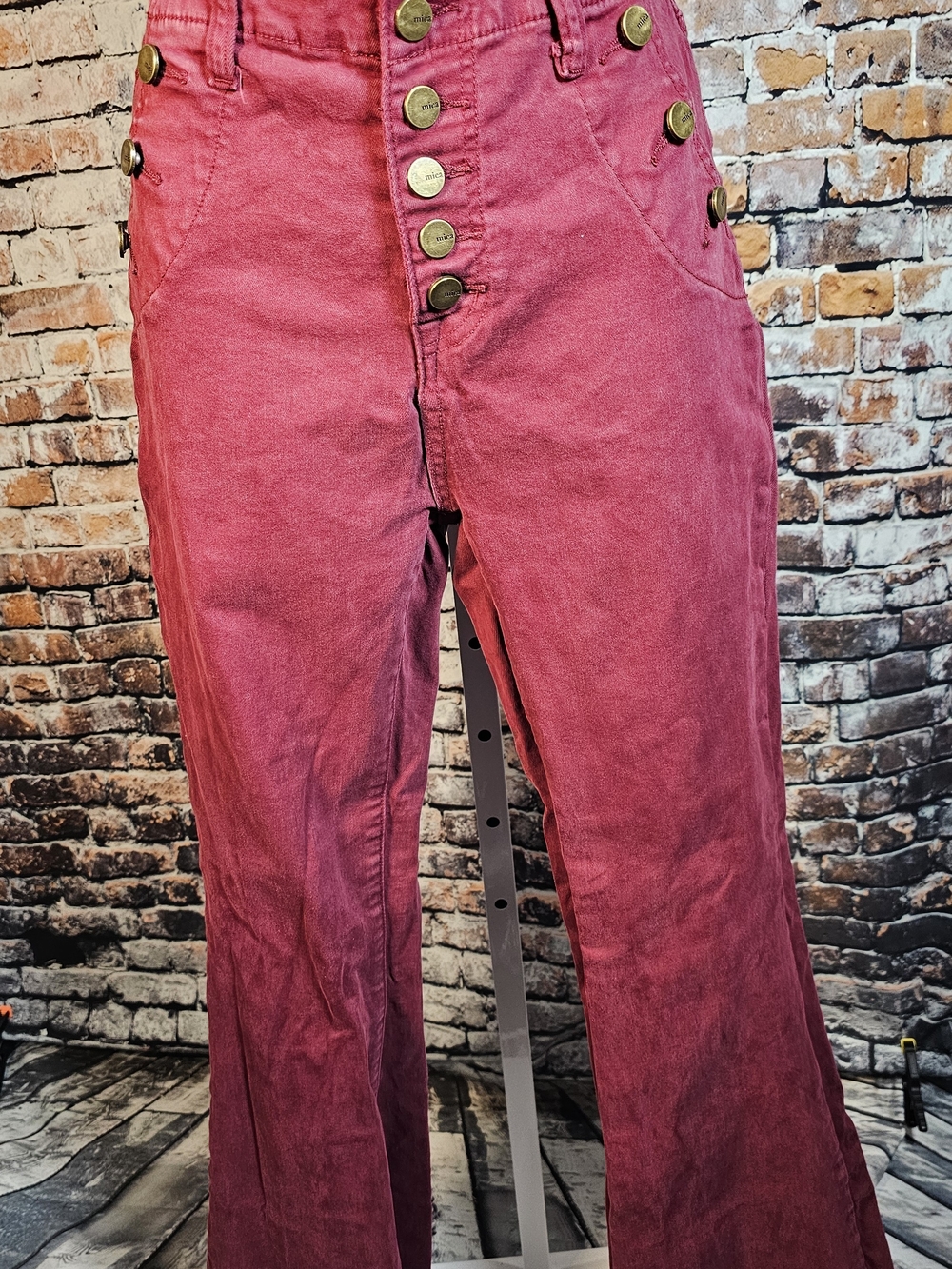 Mica High Rise Sailor Flare Jeans Pink Berry Garment Dyed Button Front Size 28